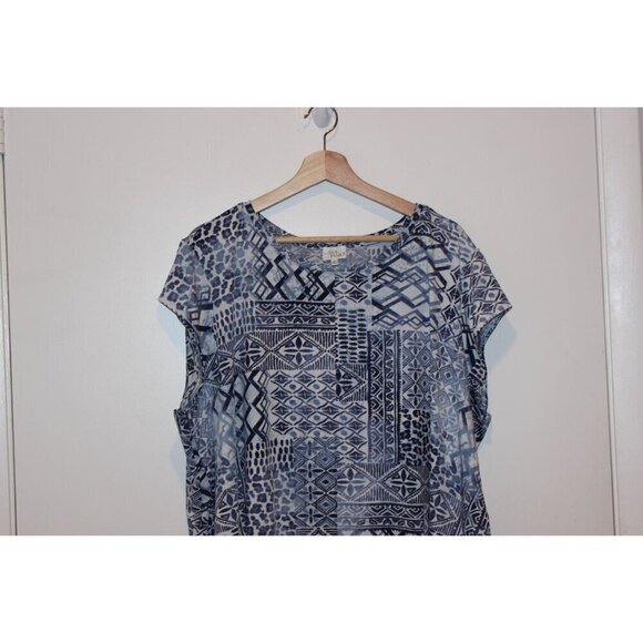Ava James Womens 3X Blue Geometric Print Short Sleeve Top - Picture 2 of 8